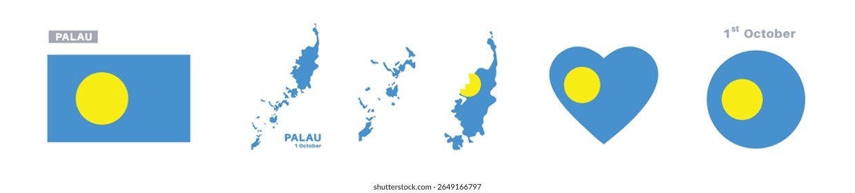 palau bandeira e conjunto de mapas. palau bandeira em cores oficiais e proporções. independência dia 1 outubro, mapa, círculo e coração em forma palau