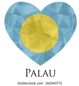 Palau flag shape heart in geometric rumpled triangular low poly origami style graphic illustration,mosaic polygonal style.Symbol of love to country.Retro or vintage style background.
