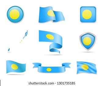 Palau flags collection. Flags and outline of the country vector illustration set