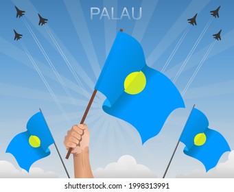 Palau flags fluttering under the blue sky