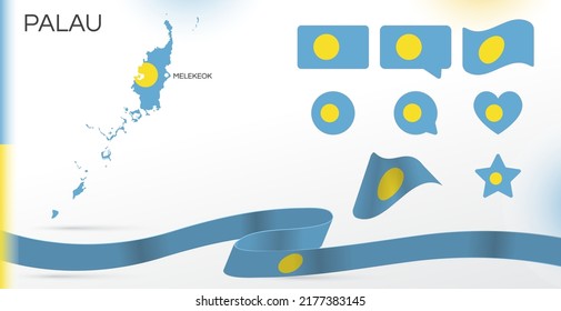 Palau flags set. Various designs. Map and capital city. World flags. Vector set. Circle icon. Template for independence day. Collection of national symbols. Ribbon with colors flag. Oceania countries