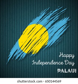 Palau Independence Day Patriotic Design. Expressive Brush Stroke in National Flag Colors on dark striped background. Happy Independence Day Palau Vector Greeting Card.