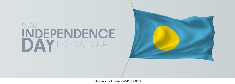 Palau Unabhängigkeitstag, Vektorbanner, Grußkarte. Palauan Wavy Fahne im 1. Oktober nationalen patriotischen Urlaub horizontalen Design