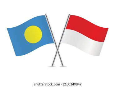 Palau and Indonesia crossed flags. Palauan and Indonesian flags on white background. Vector icon set. Vector illustration.