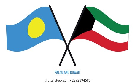 Palau and Kuwait Flags Crossed And Waving Flat Style. Official Proportion. Correct Colors.