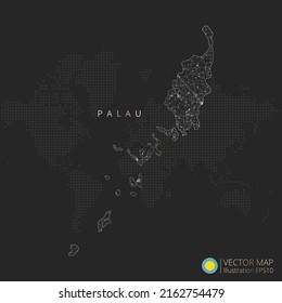 Palau map abstract geometric mesh polygonal light concept with black and white glowing contour lines countries and dots on dark background. Vector illustration.
