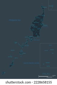 Palau map. High detailed map of Palau with countries, borders, cities, water objects. Vector illustration eps10.