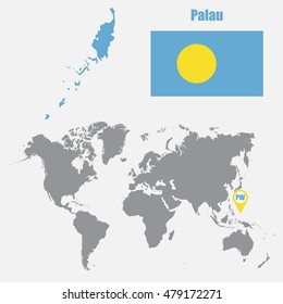 Palau map on a world map with flag and map pointer. Vector illustration