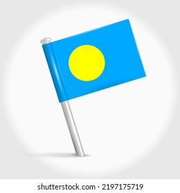 Palau Karte Pin Flag Symbol. Palauan Pennant Kartenmarker auf einer Metallnadel. 3D-realistische Vektorgrafik.