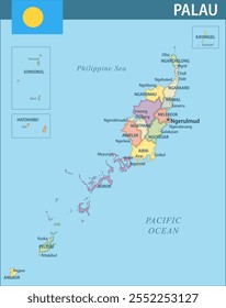 Palau Map Vector New 2024 Colorful - Customizable layered political map of Palau with administrative divisions for website, education, reports, news, politics, print, poster and wallpaper