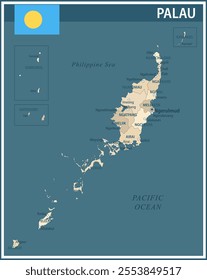 Palau Map Vector Vintage Dark Blue Beige - Customizable layered political map of Palau with administrative divisions for website, education, reports, news, politics, print, poster and wallpaper