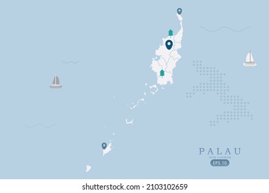 Mapa de Palau - Mapa mundial Mapa internacional de vectores Alto detalle con color blanco aislado en fondo azul incluyendo punto de ubicación simple, árbol, icono de barco - Ilustración vectorial eps 10