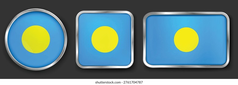 PALAU Metallic Flag Collection, Circular, Square and Rectangular PALAU Flag Badges Set