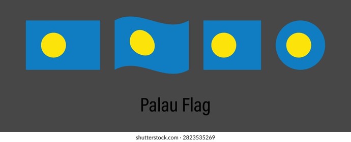 Palau National Flag Set Collection with Rectangle, Waving, Square and Circle Shapes Isolated on Black Background Vector Illustration