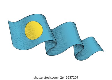 Palau national flag waving ribbon shape with engraved vintage texture