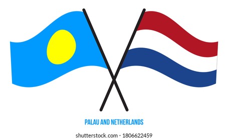 Palau and Netherlands Flags Crossed And Waving Flat Style. Official Proportion. Correct Colors.