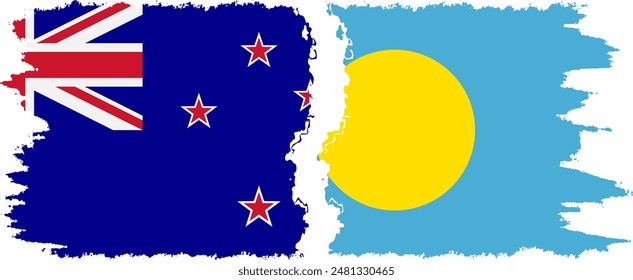 Palau and New Zealand grunge flags connection, vector