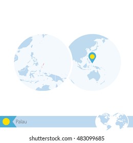 Palau on world globe with flag and regional map of Palau. Vector Illustration.