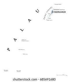 Palau political map with capital Ngerulmud. Republic and island country in the Pacific Ocean. Part of Caroline Islands in Micronesia. Former Belau or Pelew. Gray illustration. English labeling. Vector