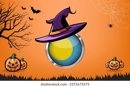 palau round flag with Happy Halloween banner or party invitation background. bats, spiders and pumpkins, orange background