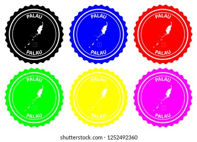 Palau - rubber stamp - vector, Republic of Palau island (Belau, Palaos, or Pelew) map pattern - sticker - black, blue, green, yellow, purple and red
