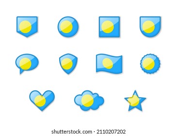 Palau - set of shiny flags of different shapes. Vector illustration