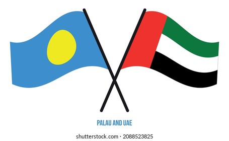 Palau and UAE Flags Crossed And Waving Flat Style. Official Proportion. Correct Colors.