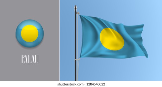 Palau waving flag on flagpole and round icon vector illustration. Realistic 3d mockup of yellow blue   Palauan flag and circle button 