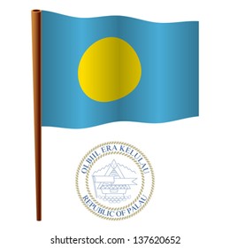 palau wavy flag and coat of arm against white background, vector art illustration, image contains transparency