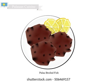 Palauan Cuisine, Illustration of Traditional Broiled Fish Made of Fish Cooked with Garlic, Ginger and Banana Leaf. A Popular Dish of Palau.