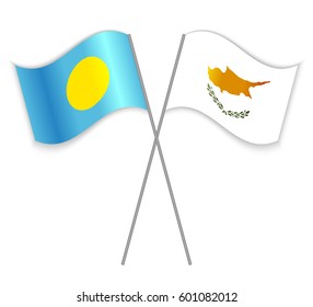 Palauan and Cypriot crossed flags. Palau combined with Cyprus isolated on white. Language learning, international business or travel concept.