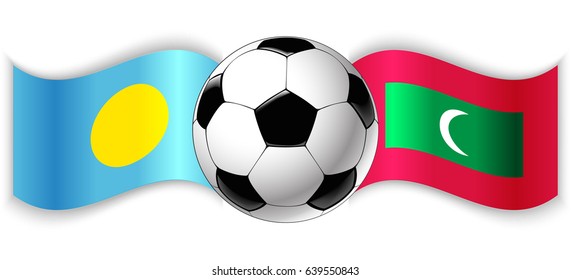 Palauan and Maldivian wavy flags with football ball. Palau combined with Maldives isolated on white. Football match or international sport competition concept.