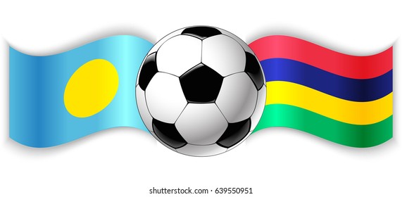 Palauan and Mauritian wavy flags with football ball. Palau combined with Mauritius isolated on white. Football match or international sport competition concept.