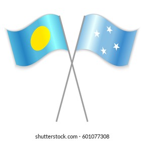 Palauan and Micronesian crossed flags. Palau combined with Micronesia isolated on white. Language learning, international business or travel concept.