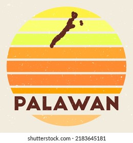 Palawan logo. Sign with the map of island and colored stripes, vector illustration. Can be used as insignia, logotype, label, sticker or badge of the Palawan.