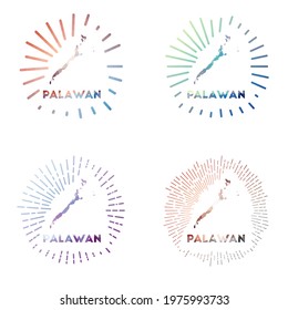 Palawan low poly sunburst set. Logo of island in geometric polygonal style. Vector illustration.