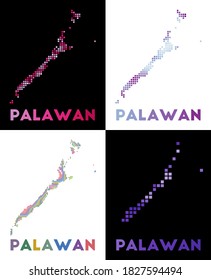 Palawan map. Collection of maps of Palawan in dotted style. Borders of the island filled with rectangles for your design. Vector illustration.