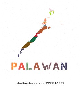 Palawan map design. Shape of the island with beautiful geometric waves and grunge texture. Charming vector illustration.