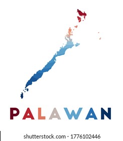 Palawan map. Map of the island with beautiful geometric waves in red and blue colors. Vivid Palawan shape. Vector illustration.