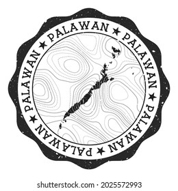 Palawan outdoor stamp. Round sticker with map of island with topographic isolines. Vector illustration. Can be used as insignia, logotype, label, sticker or badge of the Palawan.