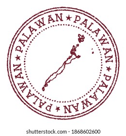 Palawan round rubber stamp with island map. Vintage red passport stamp with circular text and stars, vector illustration.