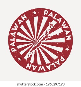 Palawan stamp. Travel red rubber stamp with the map of the island, vector illustration. Can be used as insignia, logotype, label, sticker or badge of Palawan.