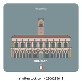 Palazzo del Podesta en Bolonia, Italia. Símbolos arquitectónicos de las ciudades europeas. Vector colorido 