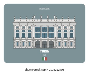 Palazzo Madama in Turin, Italy. Architectural symbols of European cities. Colorful vector 