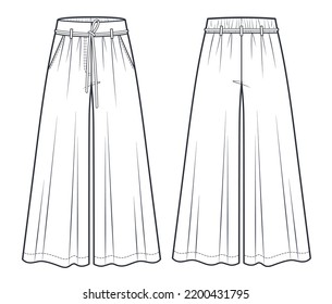 Palazzo Pants diseña una plantilla de dibujo técnico plano. Moda técnica del Palazzo Flared de las mujeres Ilustración, con cinturón, cintura elástica, cintura media, vista frontal y trasera, blanco, maquillaje CAD. 