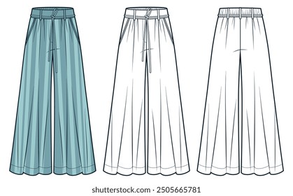 Palazzo Pants fashion flat technical drawing template, striped design. Wide Leg Pants technical fashion illustration, elastic waist, front, back view, white, green, women, men, unisex CAD mockup set.