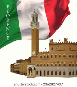 Palazzo Vecchio en Florencia con la bandera italiana al fondo. Vector.