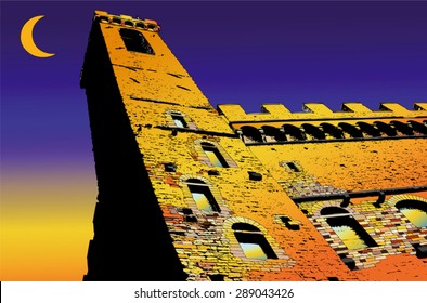 Palazzo Vecchio in Florence - Italy - Illustration representative Palazzo Vecchio in Florence with the sunset in the background and a crescent moon