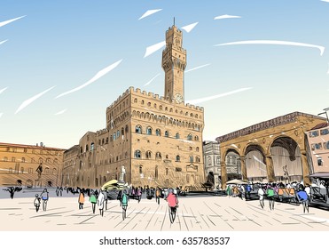 Palazzo Vecchio Signoria en Florencia. Italia. Dibujo de la ciudad dibujado a mano. Ilustración vectorial.