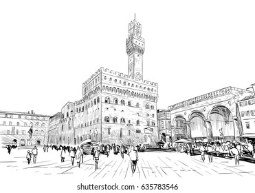 Palazzo Vecchio Signoria en Florencia. Italia. Dibujo de la ciudad dibujado a mano. Ilustración vectorial.